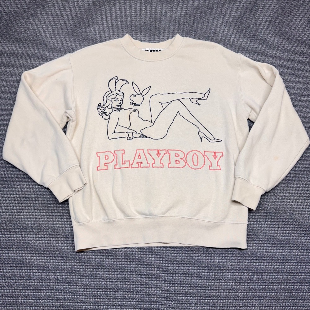 Playboy by PacSun Cream Graphic Crewneck‎ Sweatshirt Bunny Pinup Small 9205